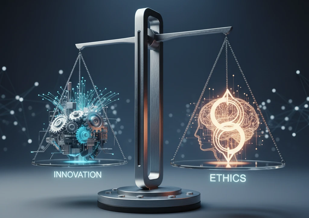 Futuristic balance scale of innovation and ethics