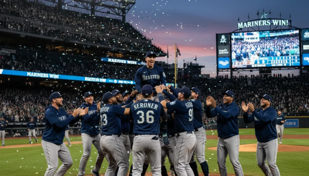 Mariners players celebrate victory against Tigers