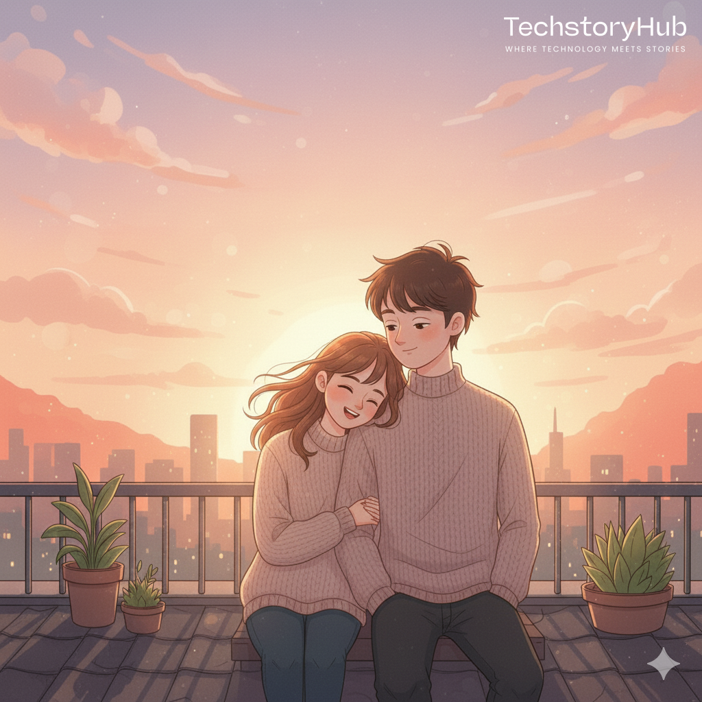 Cute Couple Hug on Rooftop – Sunset Scene