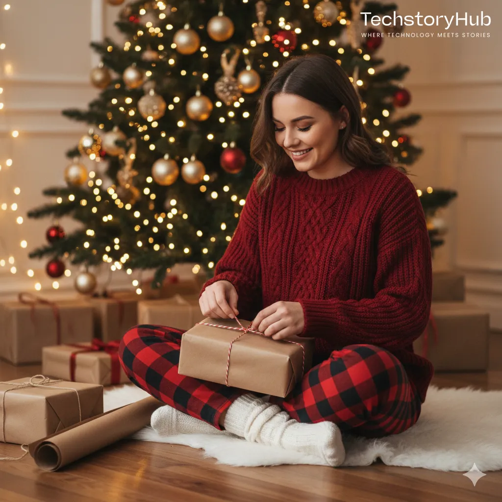 Cozy Gift-Wrapping Lifestyle Shot (Indoor Candid)