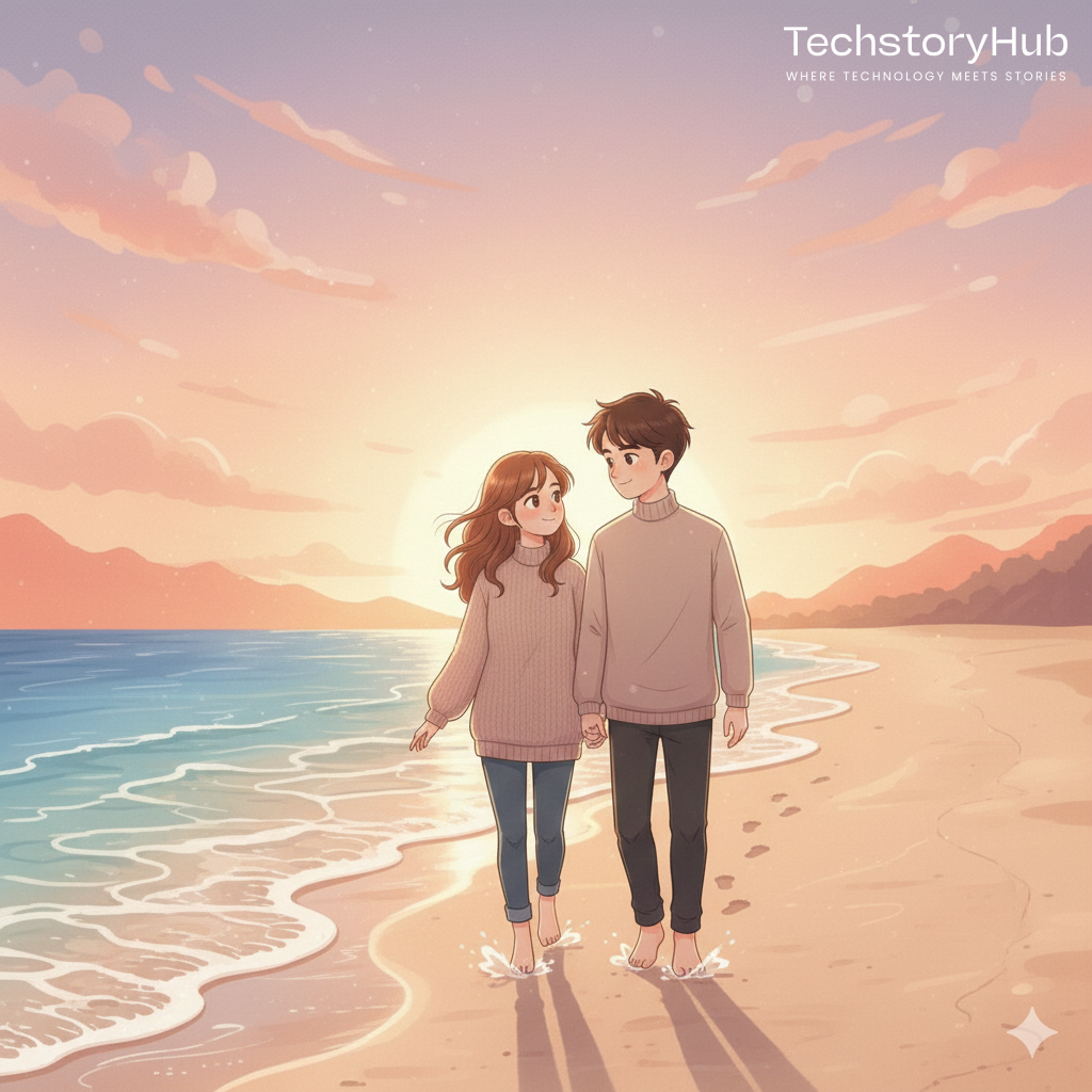 Holding Hands on the Beach – Pastel Sunset
