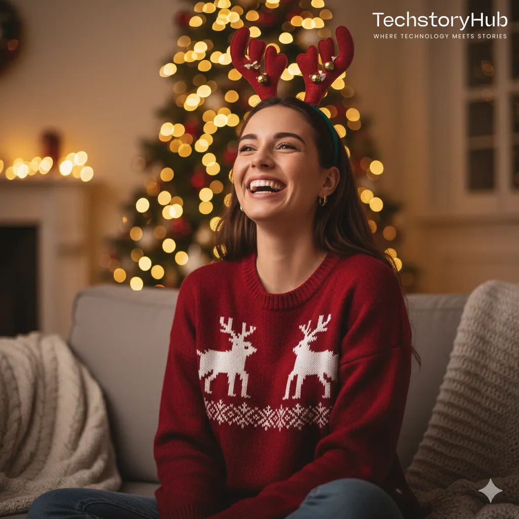 Playful Holiday Look with Reindeer Theme (Candid Indoor)