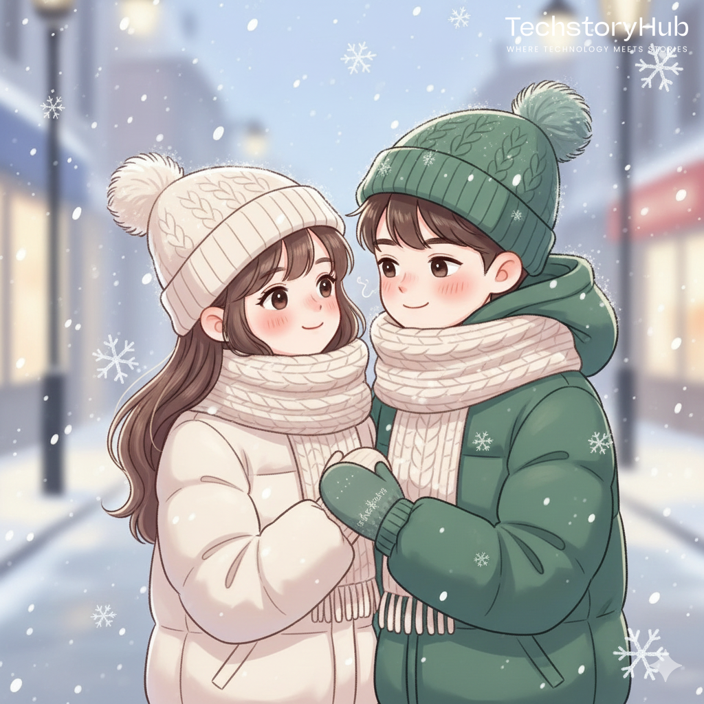 Winter Hug in Falling Snow – Soft White Scene